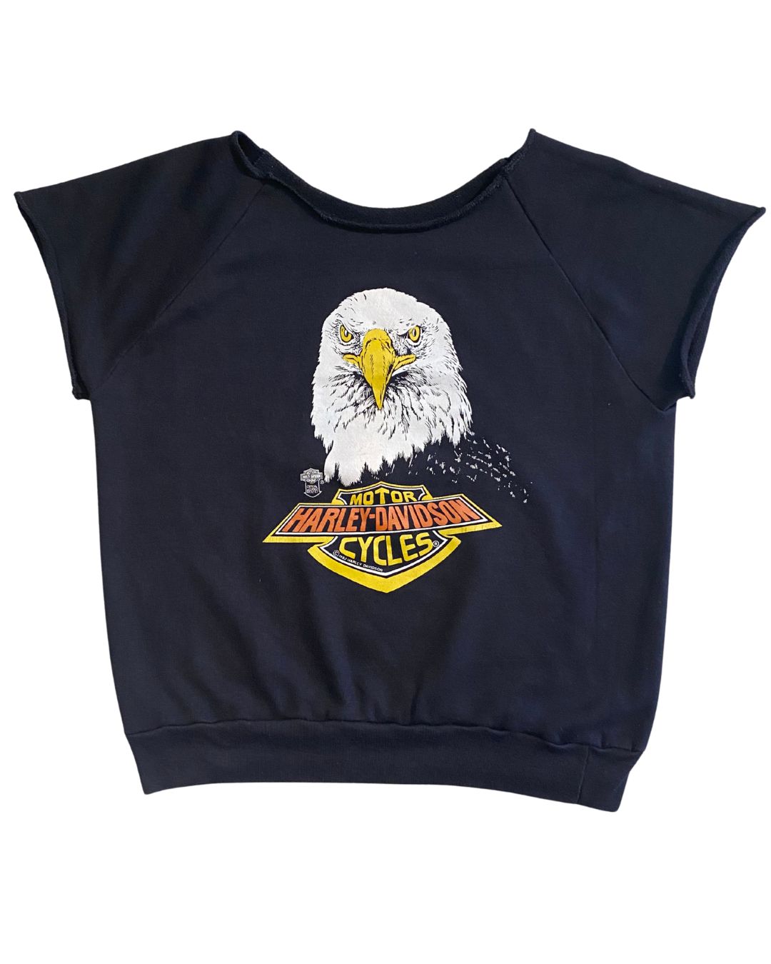 Front view of 1982 vintage Harley Davidson cut-off sweatshirt with bald eagle graphic.