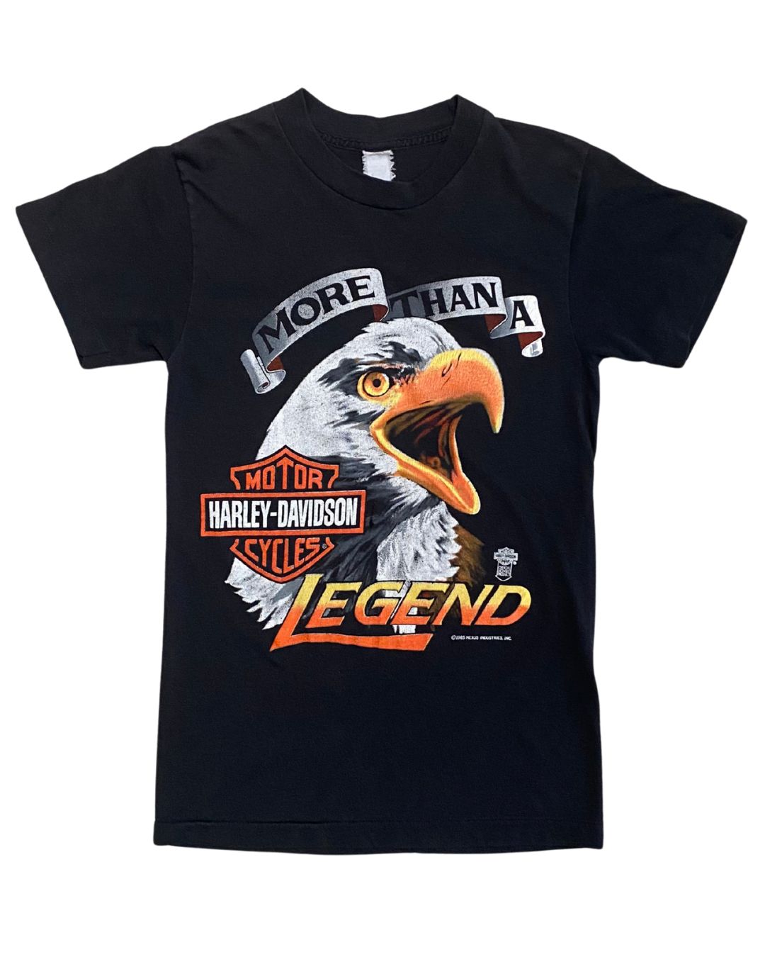 Front view of 1985 Harley-Davidson More Than a Legend black T-shirt with eagle graphic.