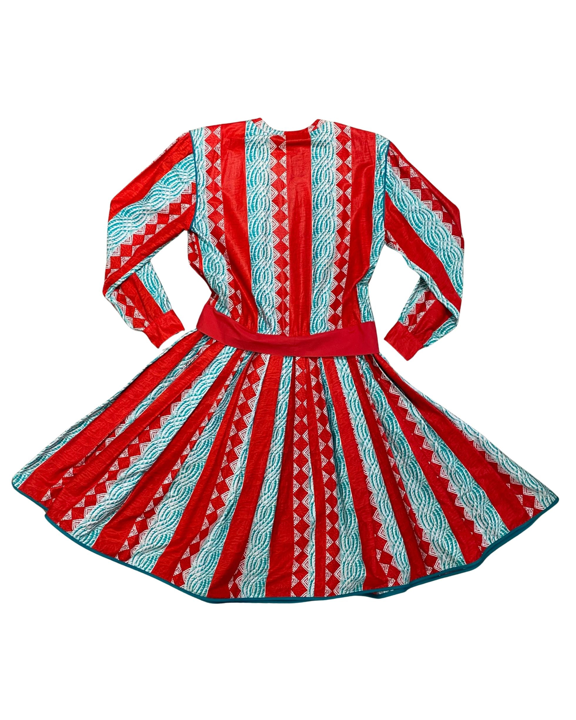 Back view of pleated vintage Giorgio Armani dress with bold print.