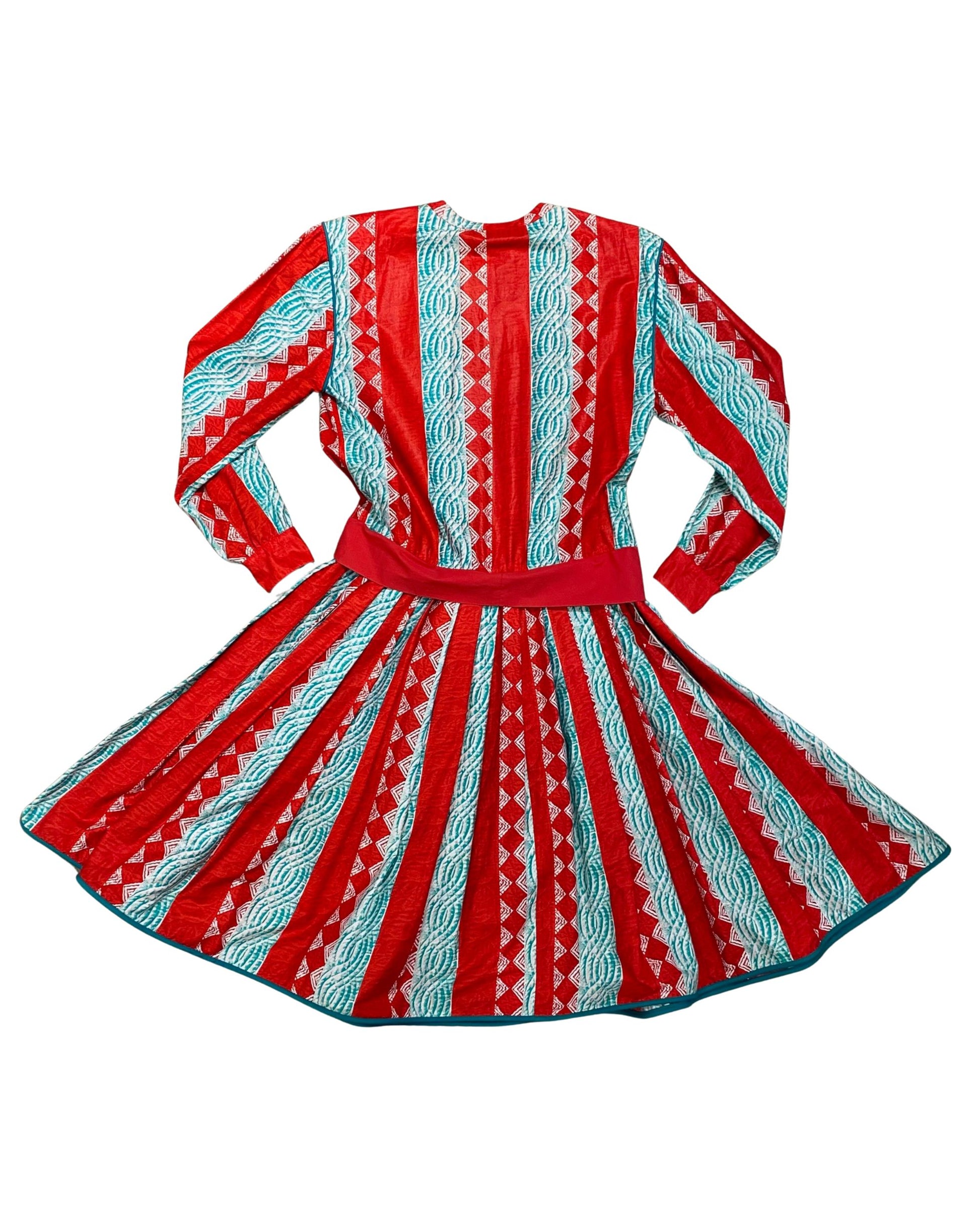 Back view of pleated vintage Giorgio Armani dress with bold print.