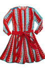 Front view of 1980s Giorgio Armani red and aqua vintage cotton dress.