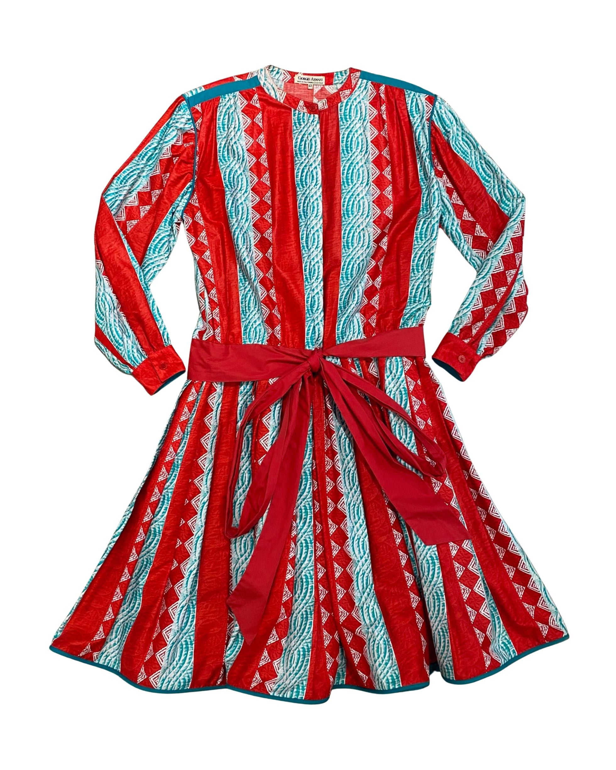 Front view of 1980s Giorgio Armani red and aqua vintage cotton dress.
