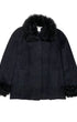 Front view of vintage Georges Rech black coat with curly fur collar and cuffs, made in France, size 42.