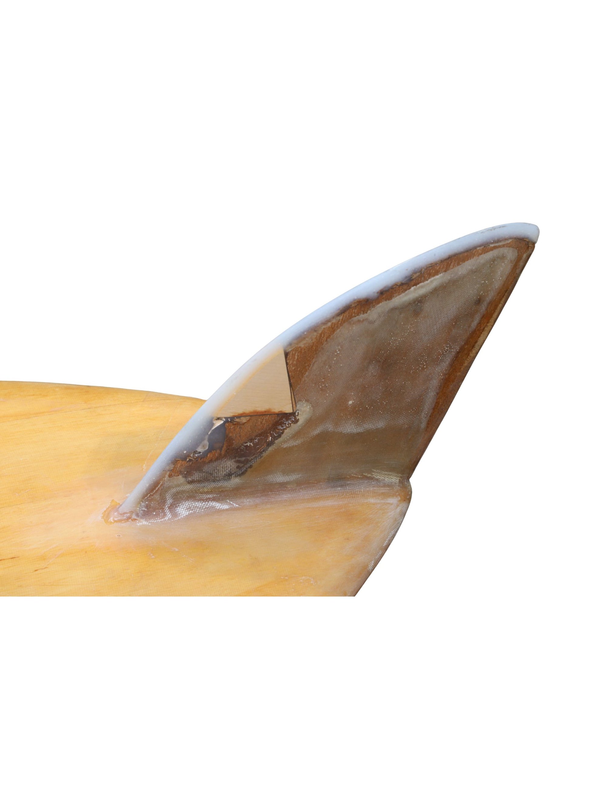 Close up of fin on Vintage balsa wood surfboard, 1950s Malibu-made by Goodart & Lamoureux