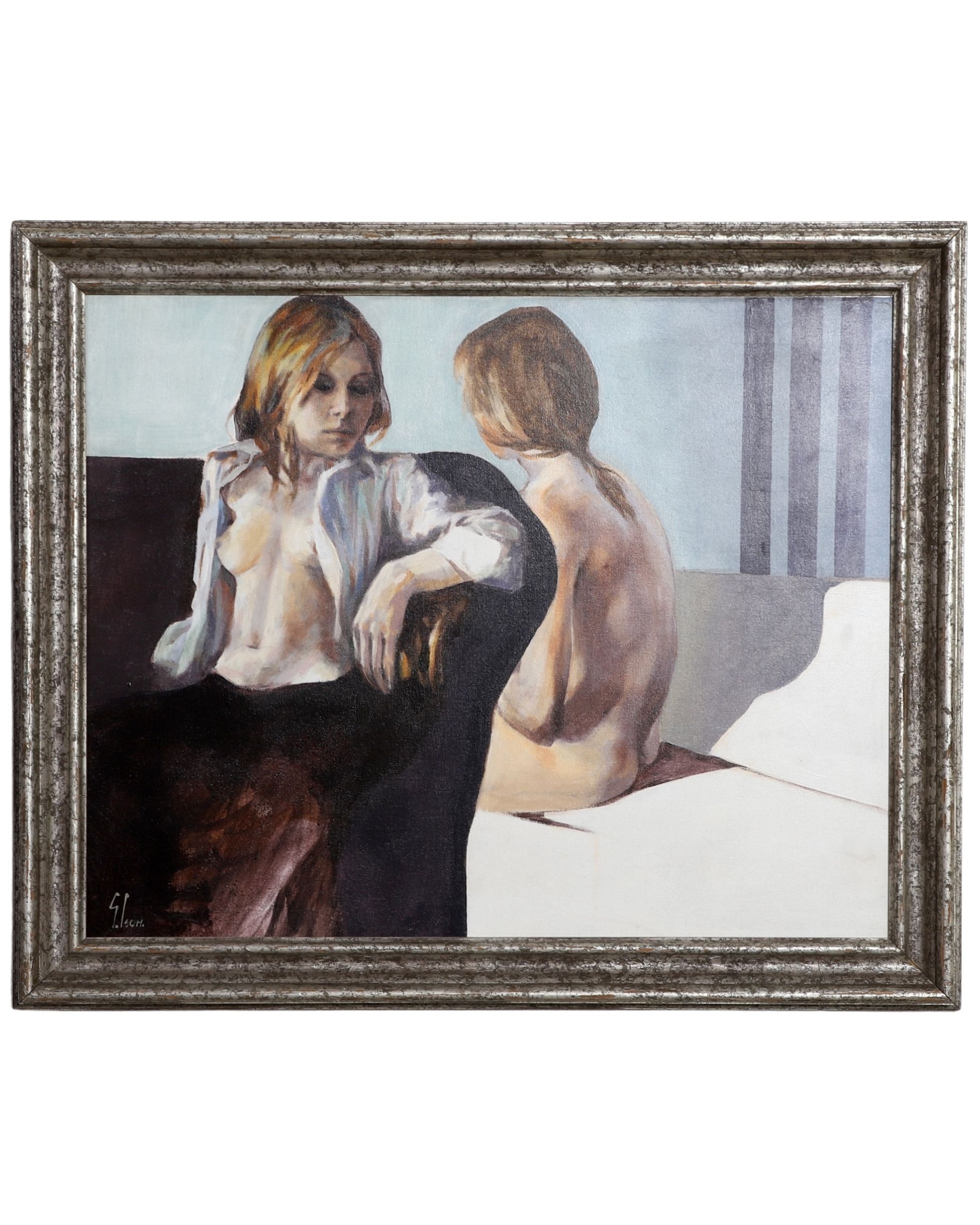 Original 1980s Graham Isom Figurative Painting – Two Young Women 40.5" x 33.5"