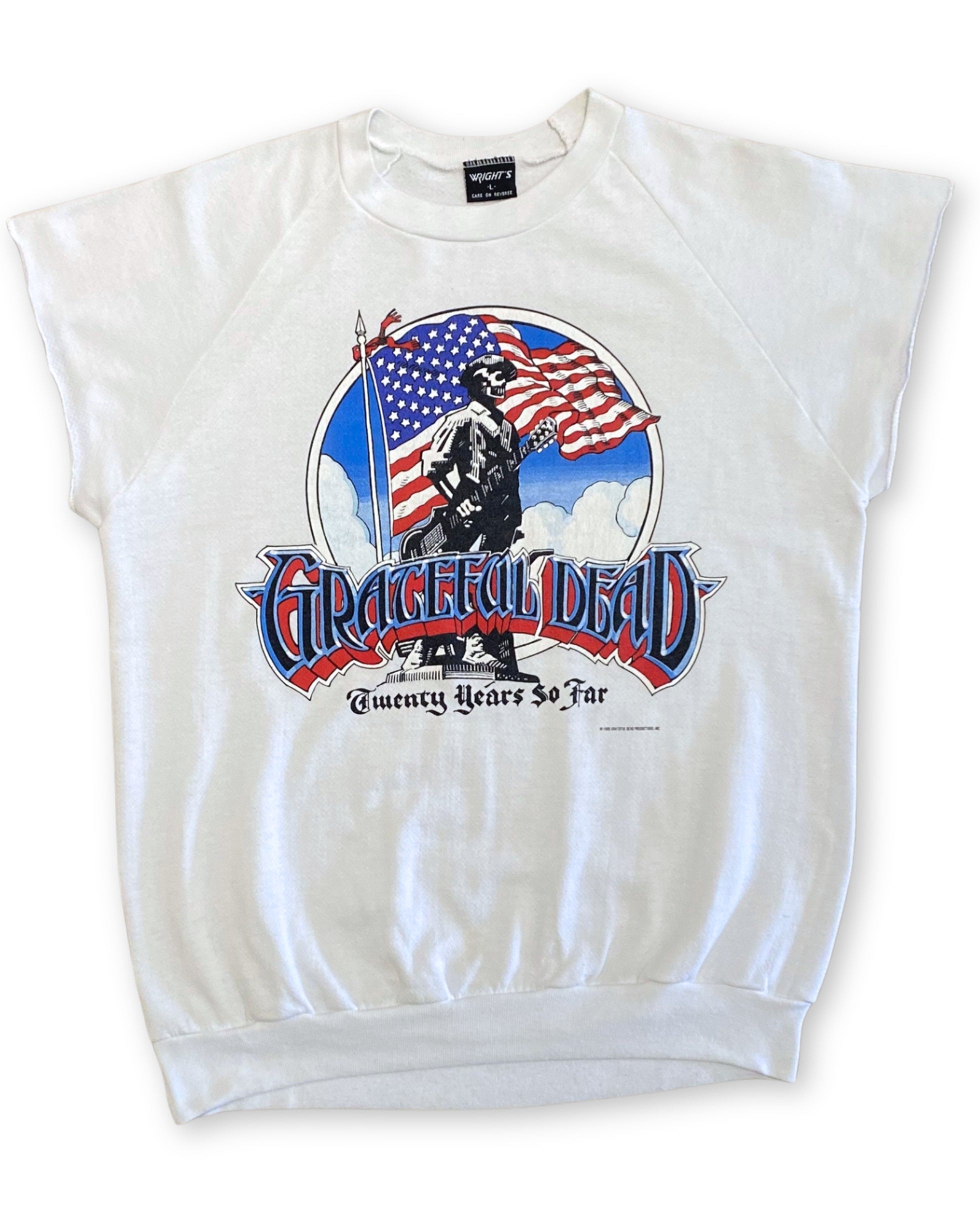 Front of original 1985 Grateful Dead Twenty Years So Far white cut-off sweatshirt with large multicolor front graphic.