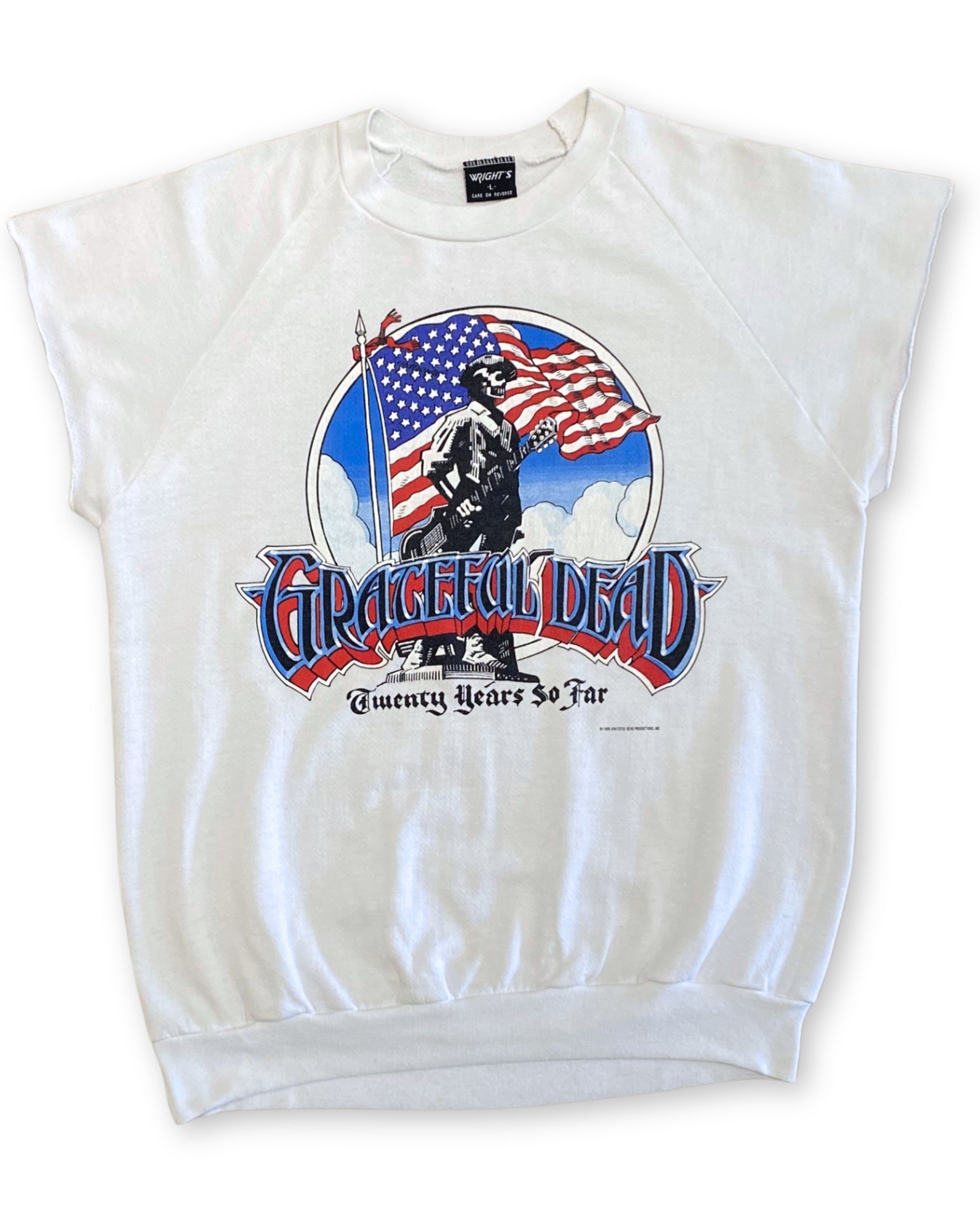 Front of original 1985 Grateful Dead Twenty Years So Far white cut-off sweatshirt with large multicolor front graphic.