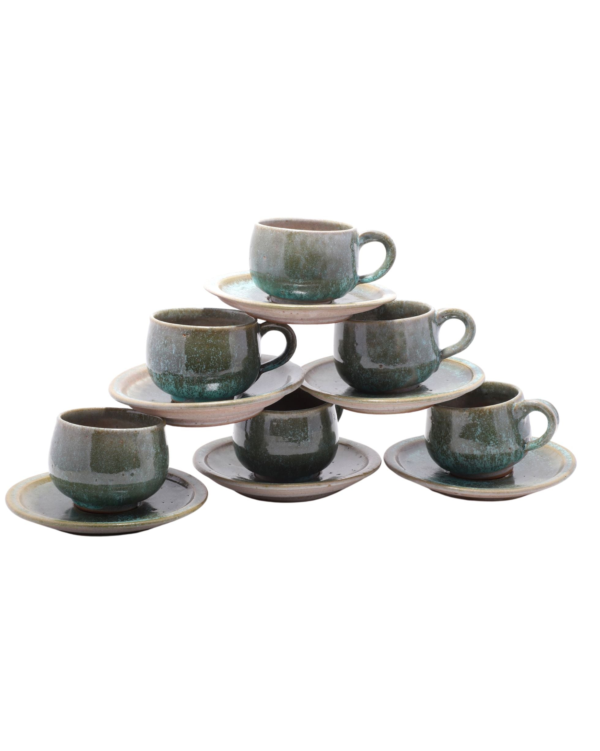 Cups and Saucer 12 Piece Set Green Handmade Ceramic 1970s Vintage