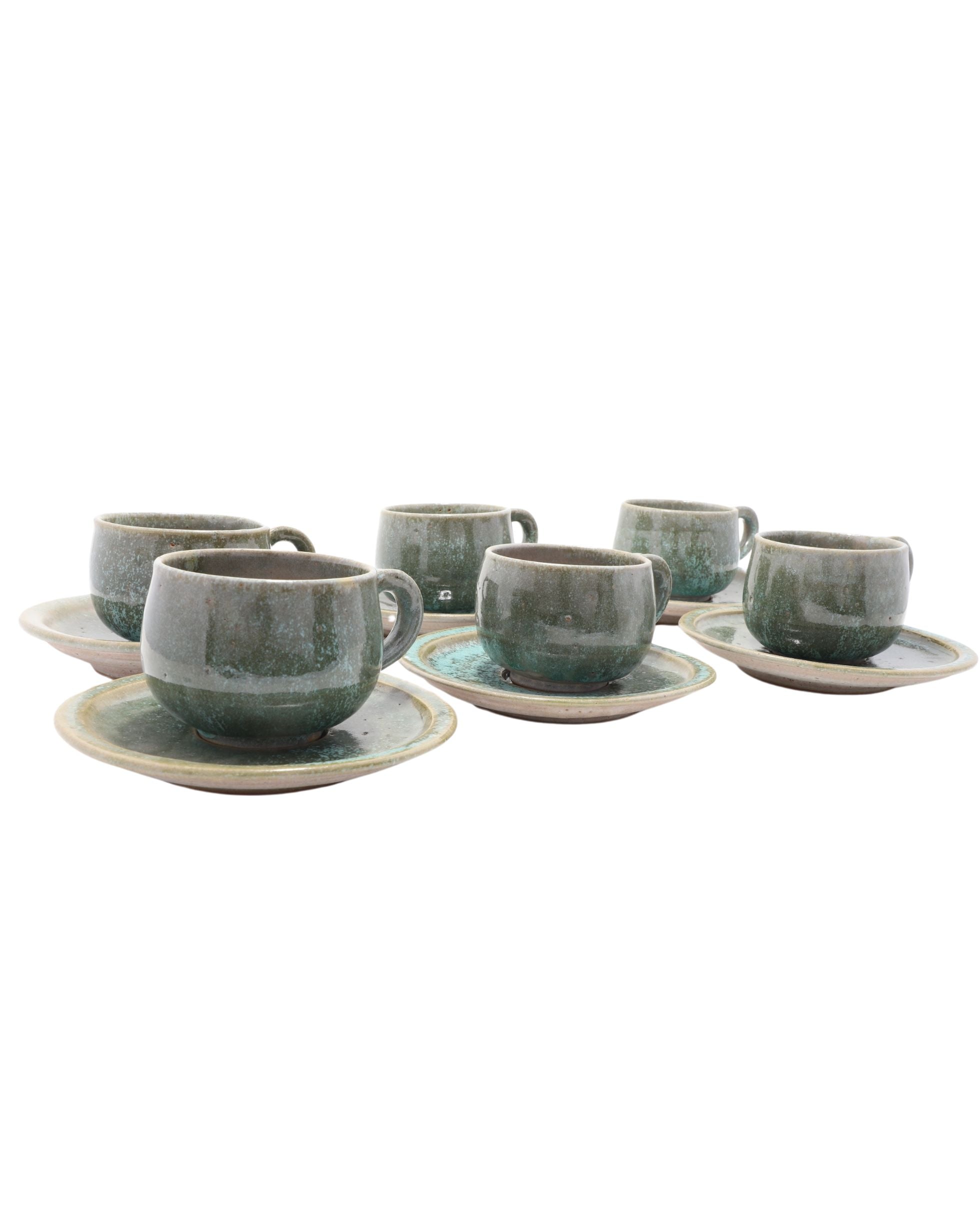 Cups and Saucer 12 Piece Set Green Handmade Ceramic 1970s Vintage