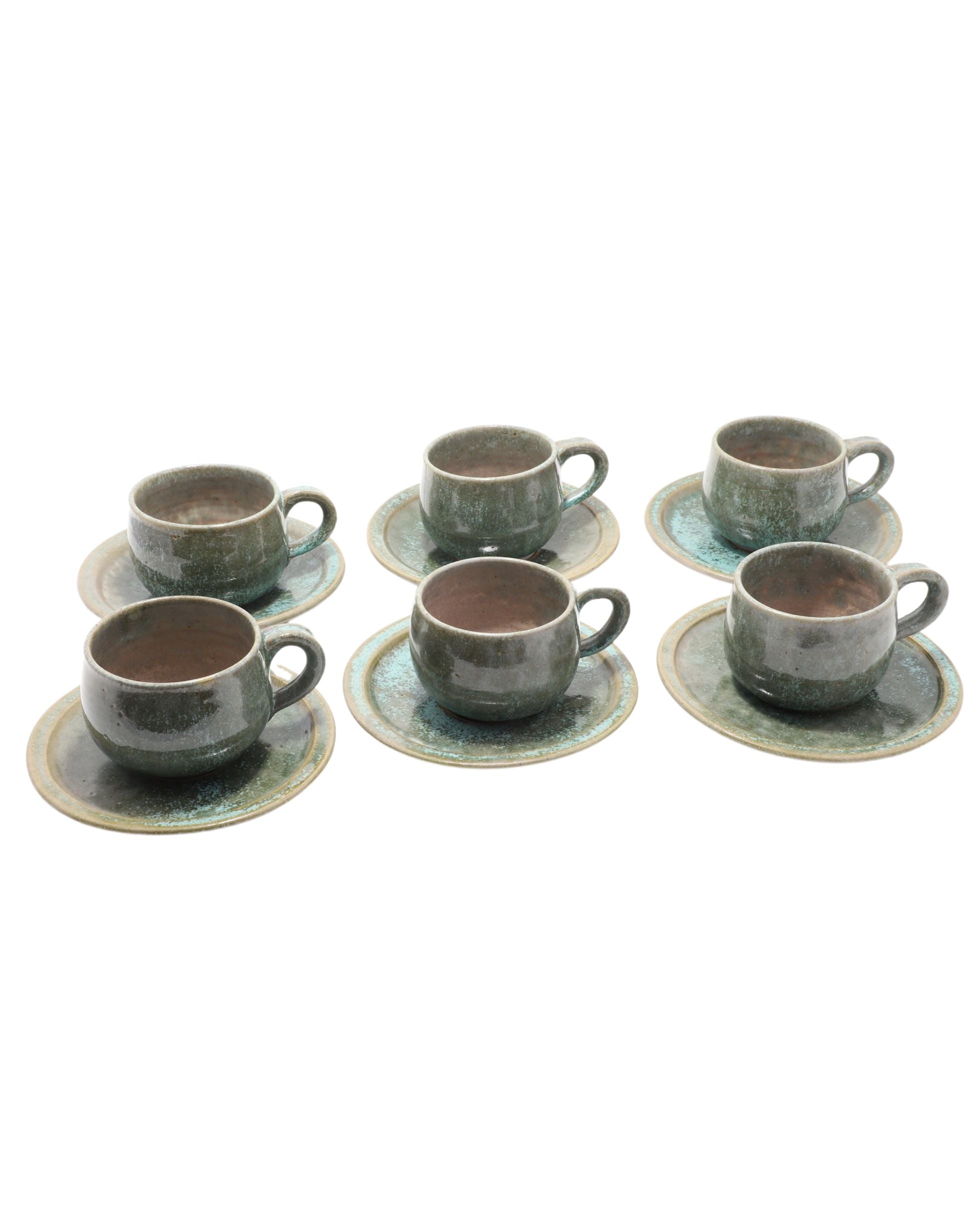 Cups and Saucer 12 Piece Set Green Handmade Ceramic 1970s Vintage