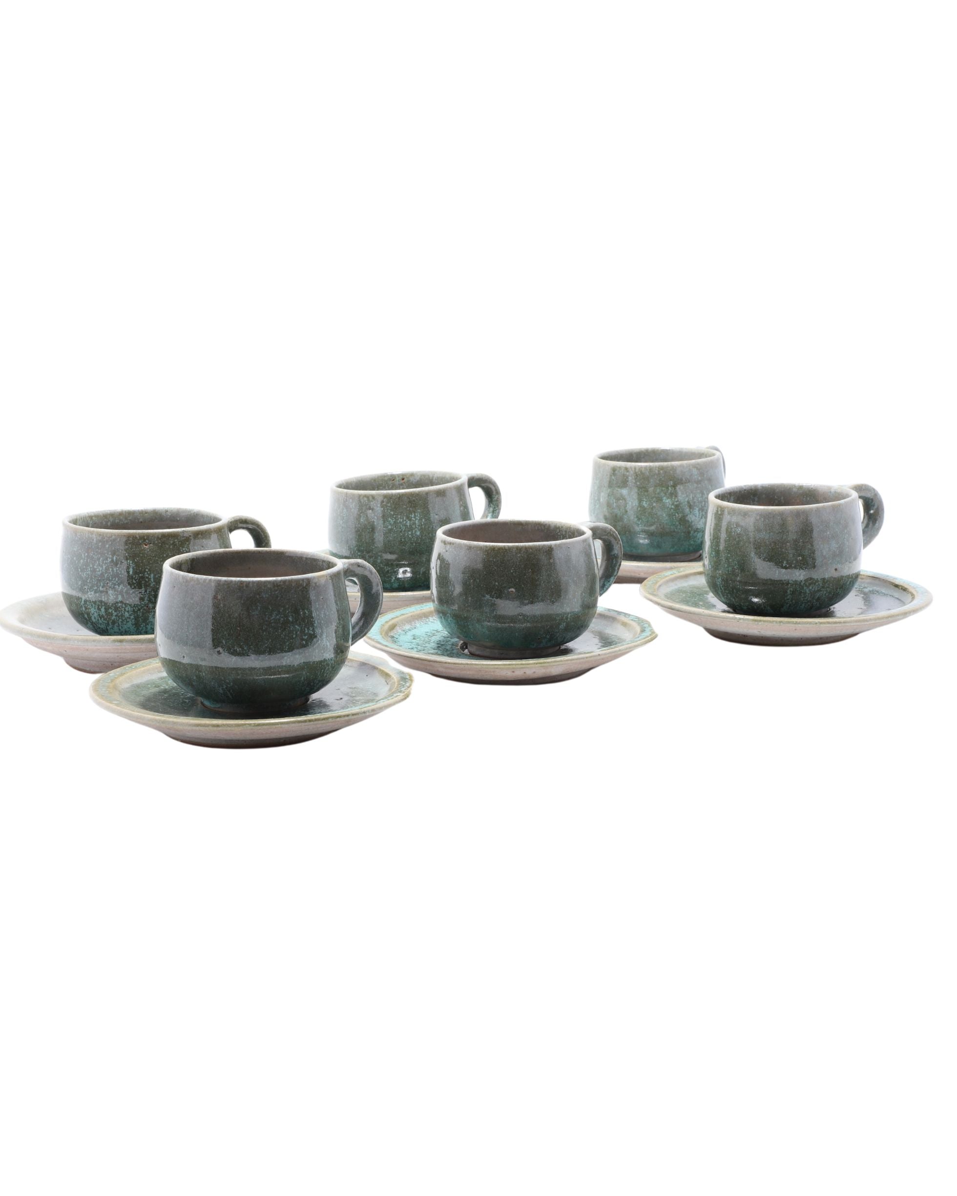 Cups and Saucer 12 Piece Set Green Handmade Ceramic 1970s Vintage