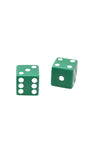 Close-up of two green dice with white pips.