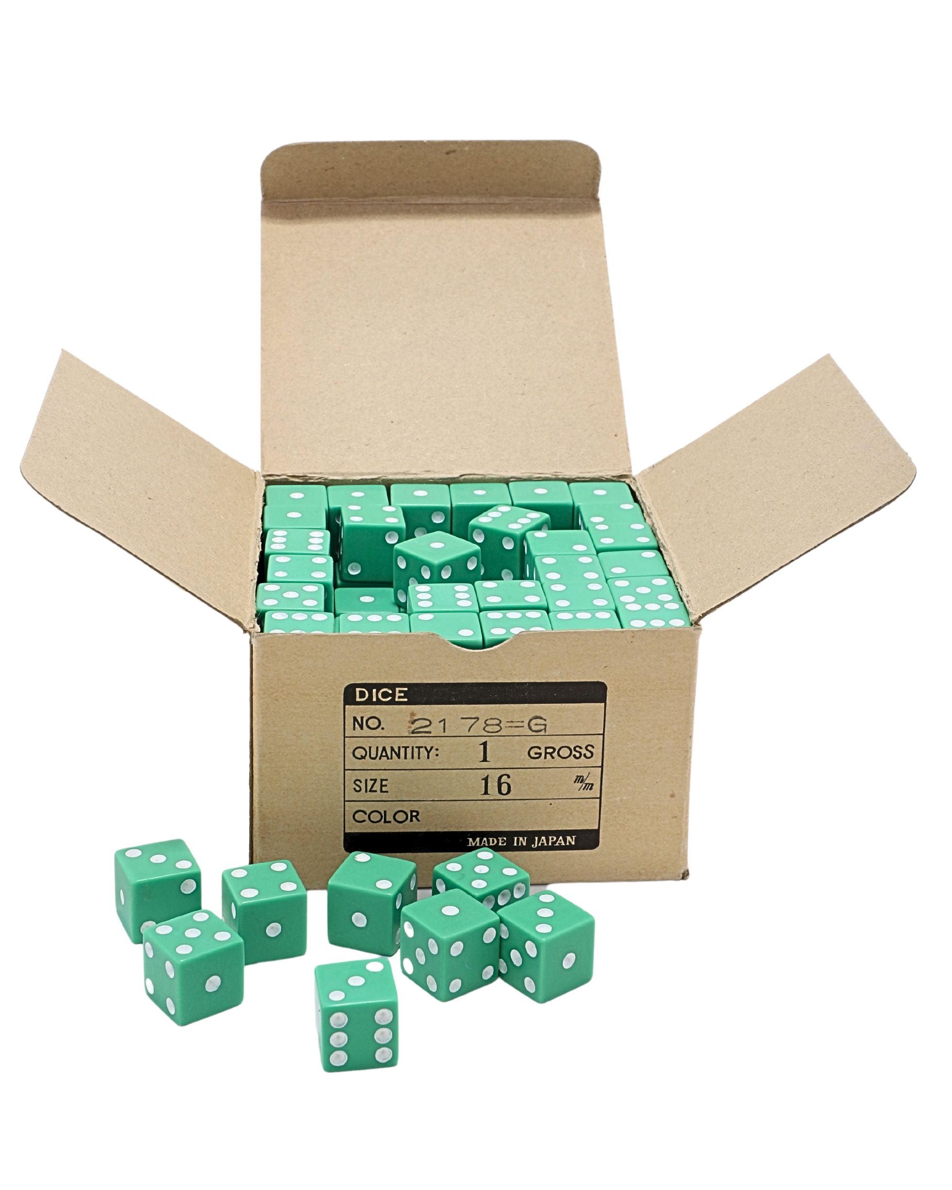 Open box with green dice spilling out, 1970s NOS.