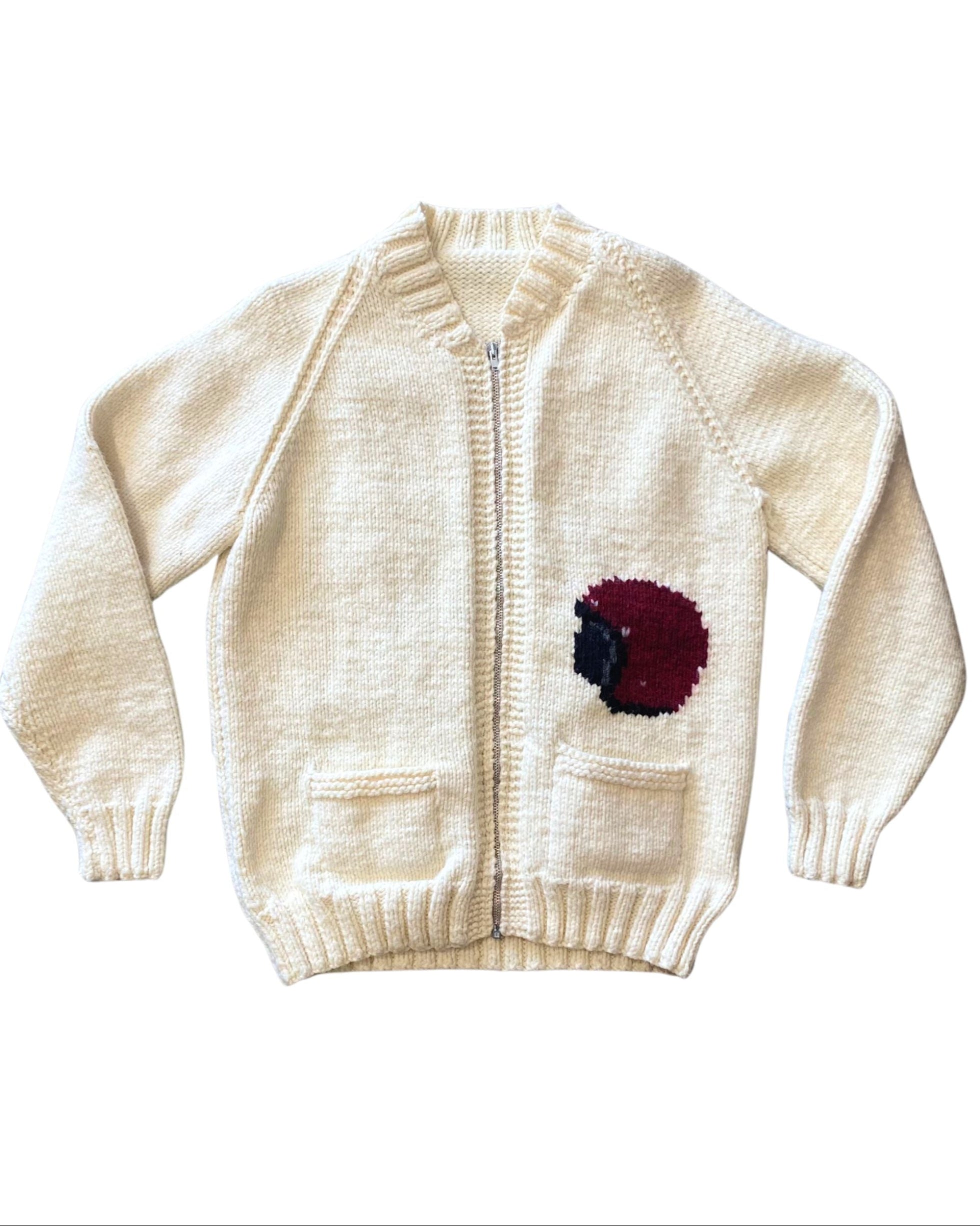 Handknit Motorcycle and Helmet Cowichan Sweater – Large 1970s USA front.