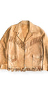 Front view of 1970s handmade tan suede fringe jacket with patch pockets.