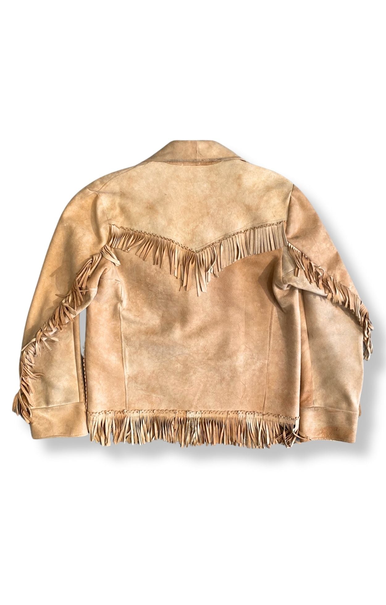 Back view of 1970s vintage suede jacket with fringe across shoulders and hem.