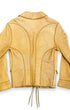 Back view of vintage tan buckskin leather jacket with stitched panel construction.