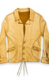 Front view of handmade 1970s tan buckskin leather jacket with decorative stitching and button front.