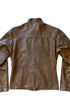 Back of Harley-Davidson brown leather café racer jacket with a short stand collar,  The jacket displays natural creasing and a rich patina.