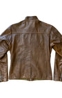 Back of Harley-Davidson brown leather café racer jacket with a short stand collar,  The jacket displays natural creasing and a rich patina.