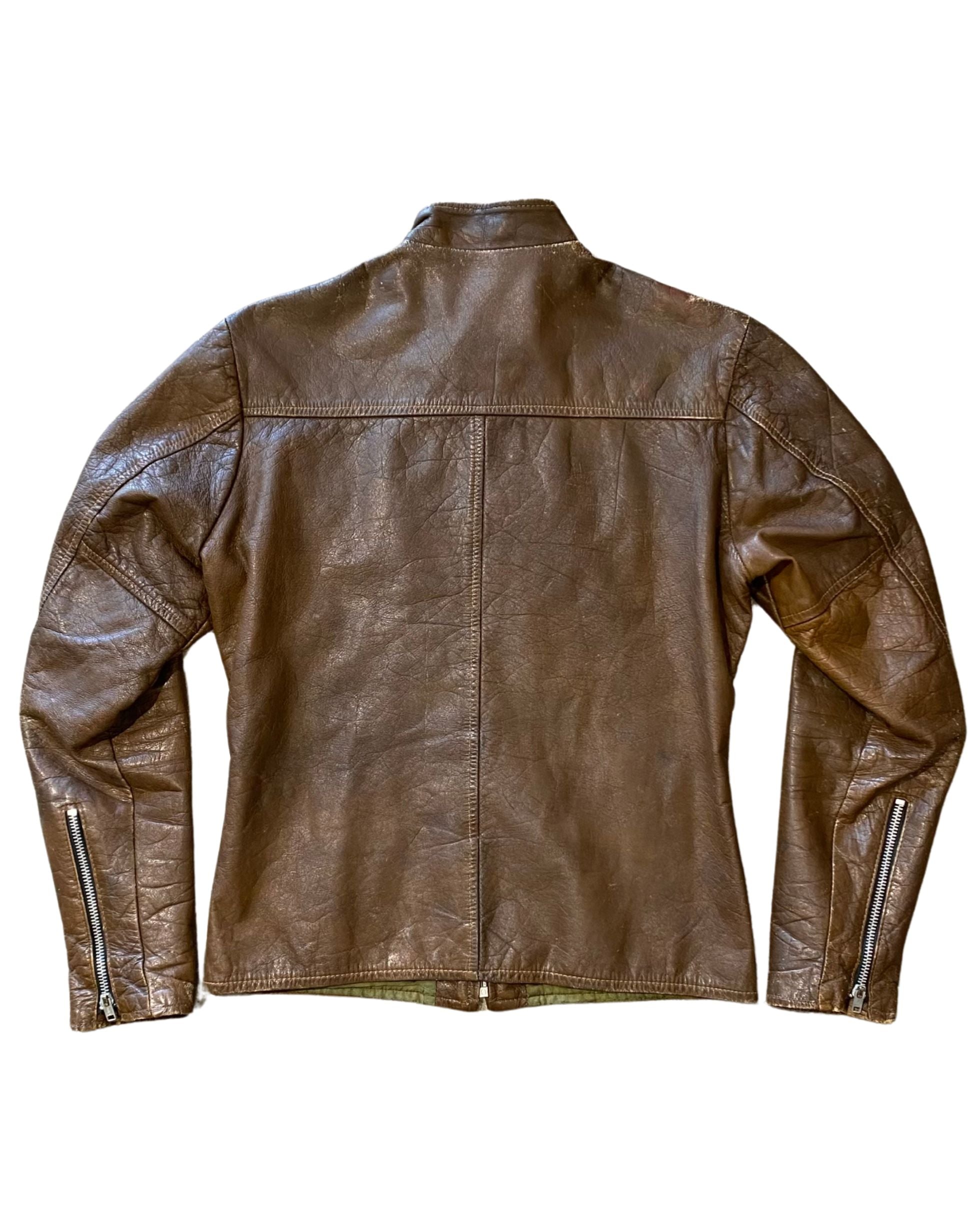 Back of Harley-Davidson brown leather café racer jacket with a short stand collar,  The jacket displays natural creasing and a rich patina.
