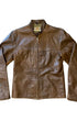 Harley-Davidson brown leather café racer jacket with a short stand collar, zippered chest pockets, and zippered cuffs. The jacket displays natural creasing and a rich patina.