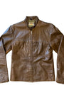 Harley-Davidson brown leather café racer jacket with a short stand collar, zippered chest pockets, and zippered cuffs. The jacket displays natural creasing and a rich patina.