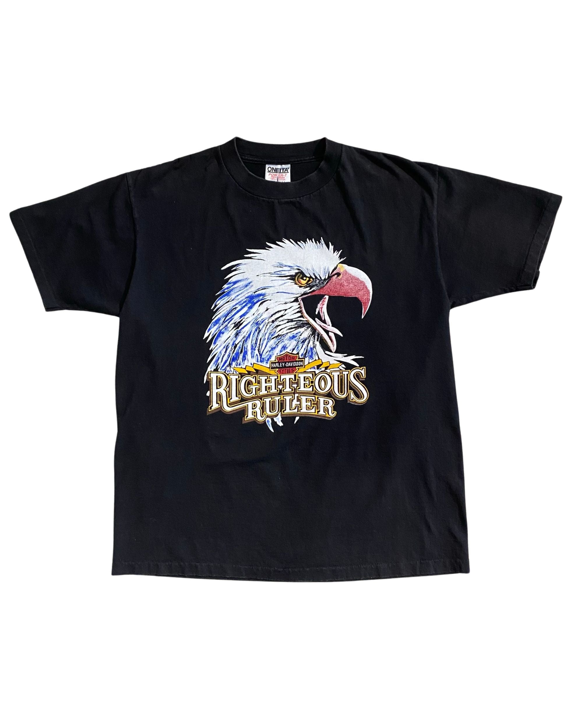 Vintage 1980s Harley-Davidson Righteous Ruler t-shirt with eagle graphic and bold lettering on black cotton. Front.