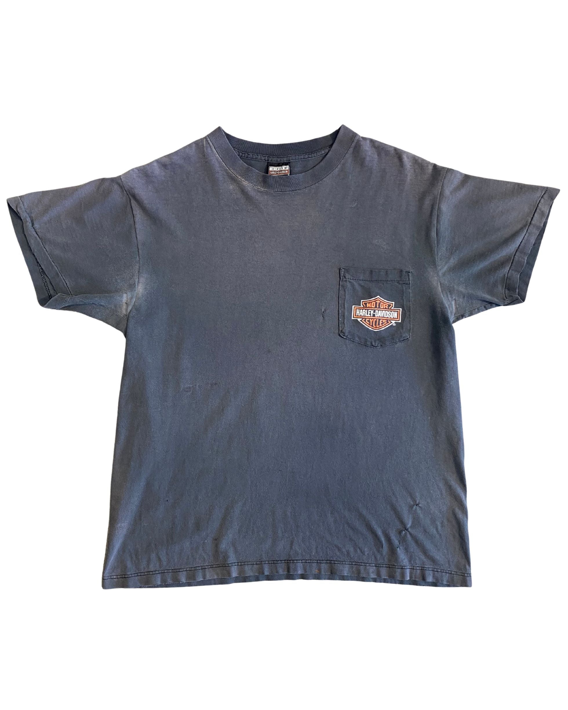 Back of vintage 1980s Harley T-shirt with colorful “One Life One Bike” graphic.
