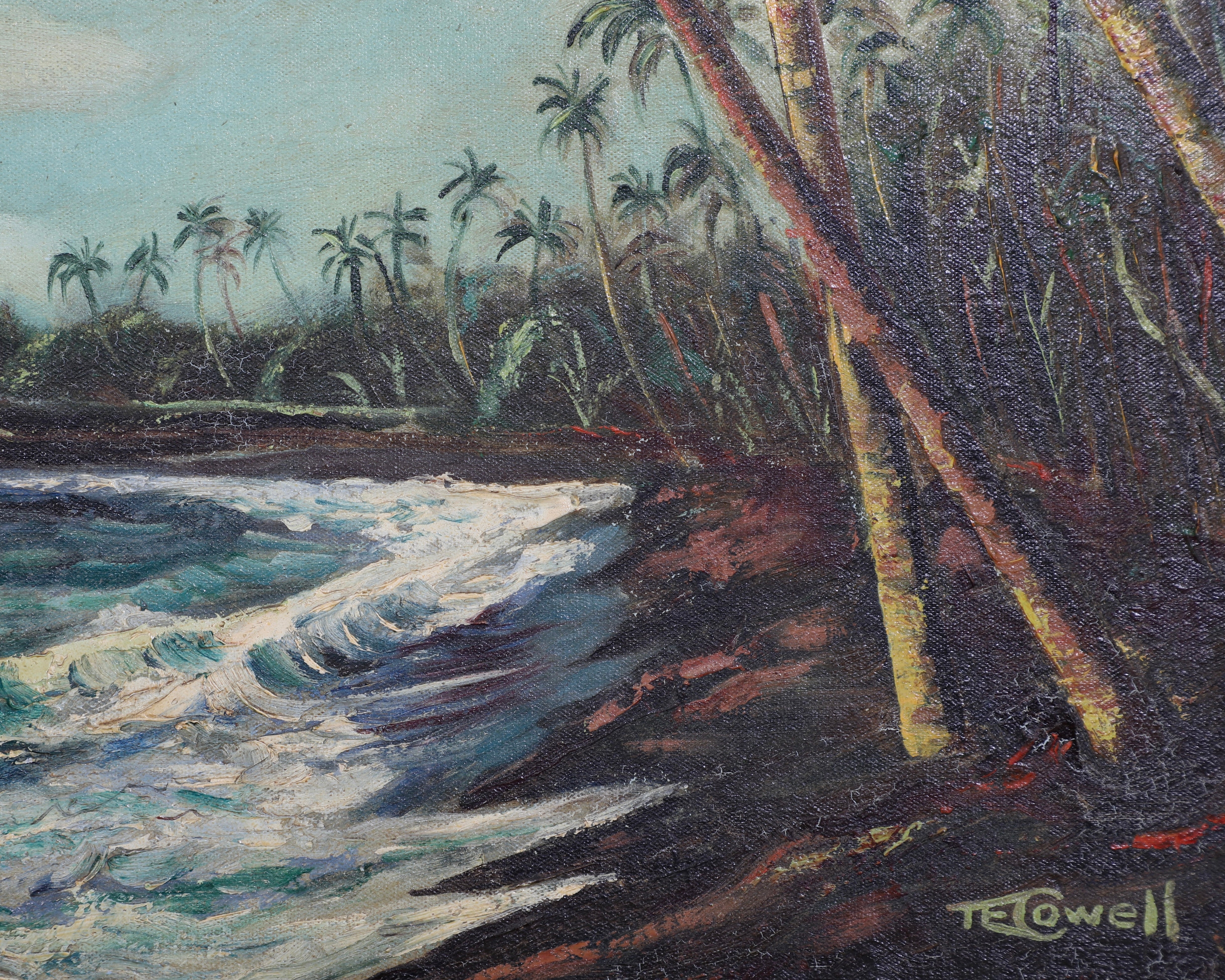 Close up of painted shoreline. Signature of artists located in bottom right of frame.