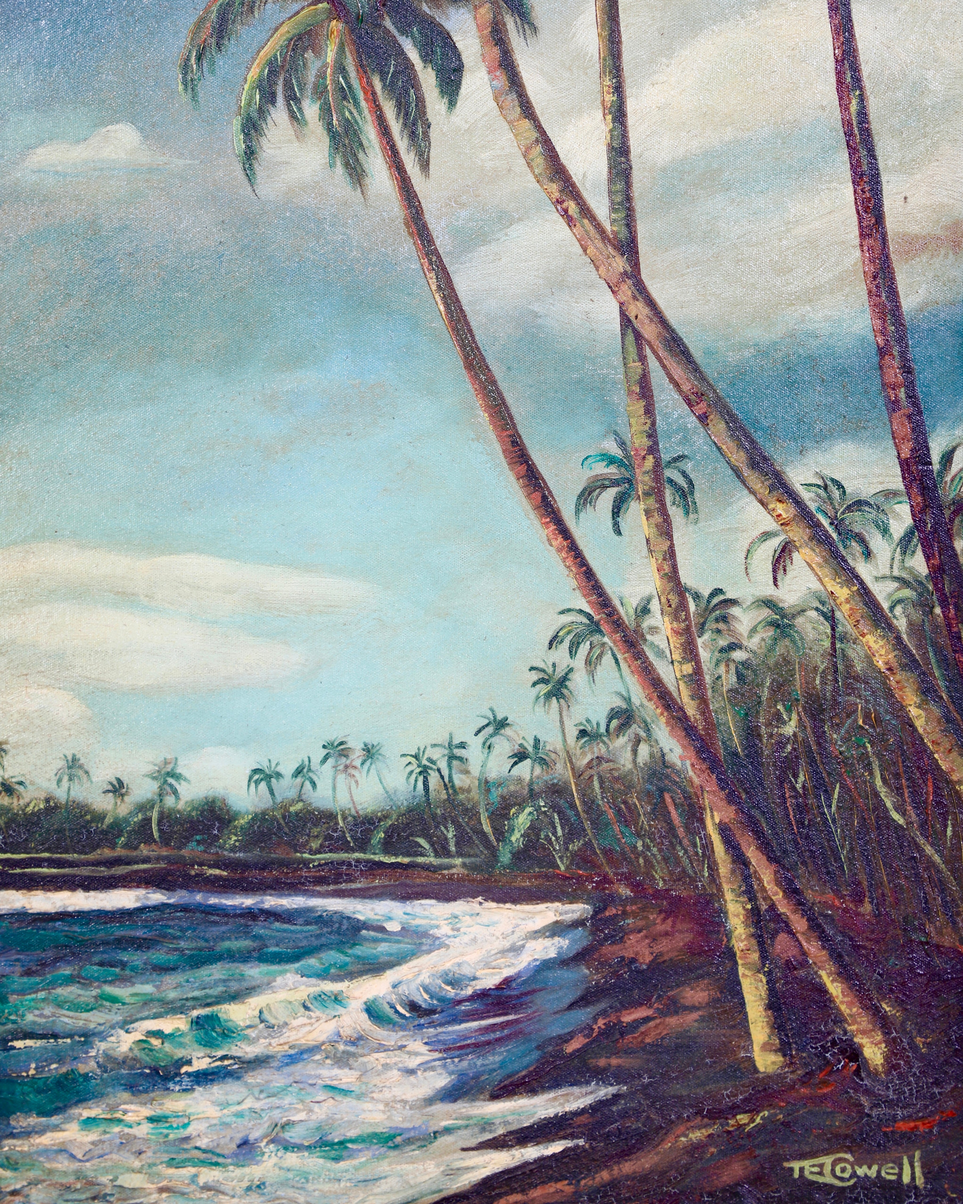 close up of shoreline, incorporating some water, trees and sky.  Artist signature in lower right corner