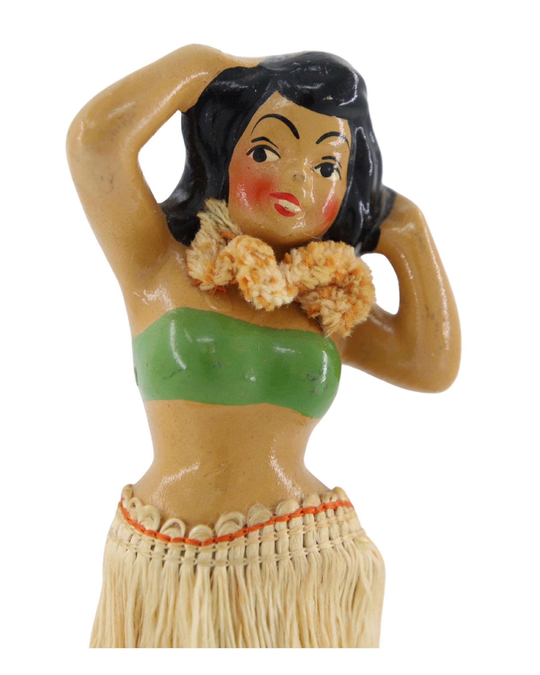 Hawaiian Hula Girl Dancer 2 Nodder 1940-50s Japan 7.25 in H Close Up Face