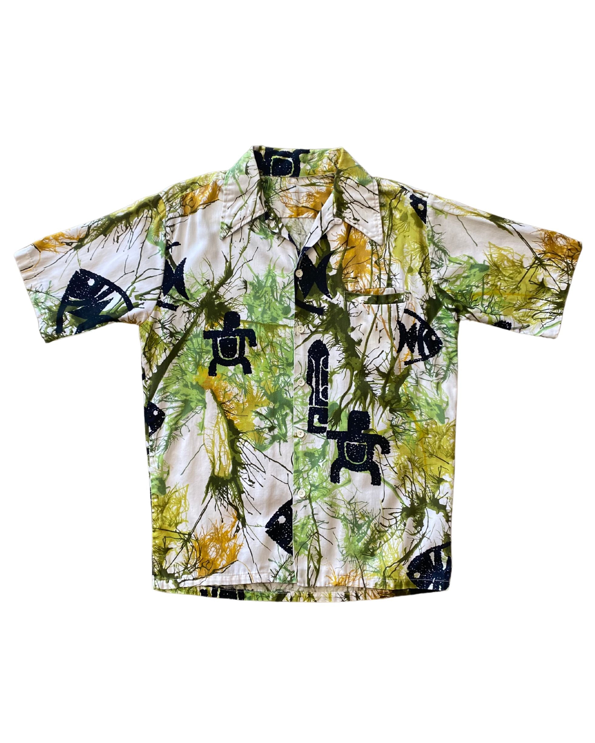Hawaiian Shirt Green Bamboo Black Icons MEDIUM Cotton 1970s USA