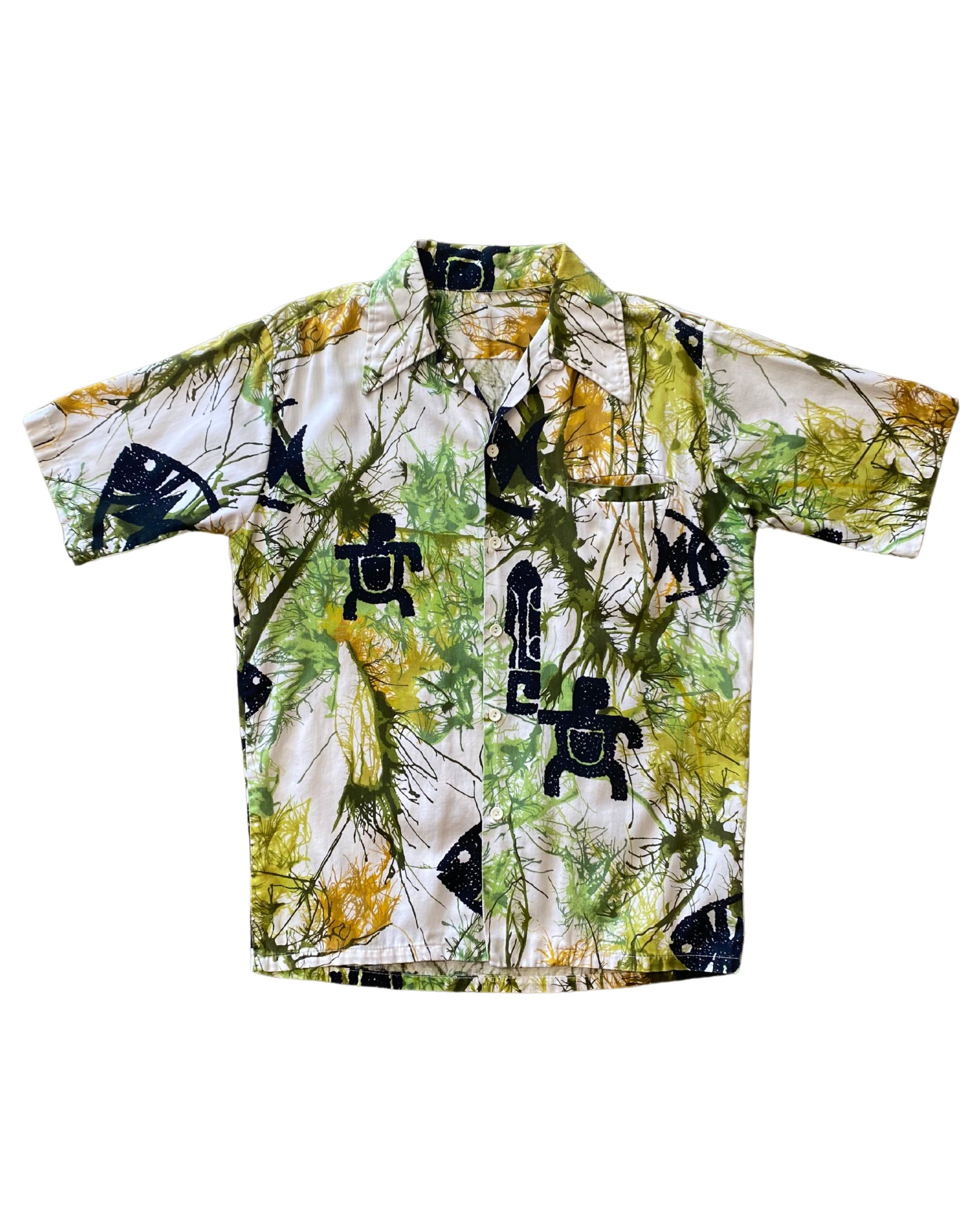 Hawaiian Shirt Green Bamboo Black Icons MEDIUM Cotton 1970s USA