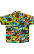 Vintage 1960s Hawaiian Holiday shirt in green, blue, and red rayon with island print - back view.