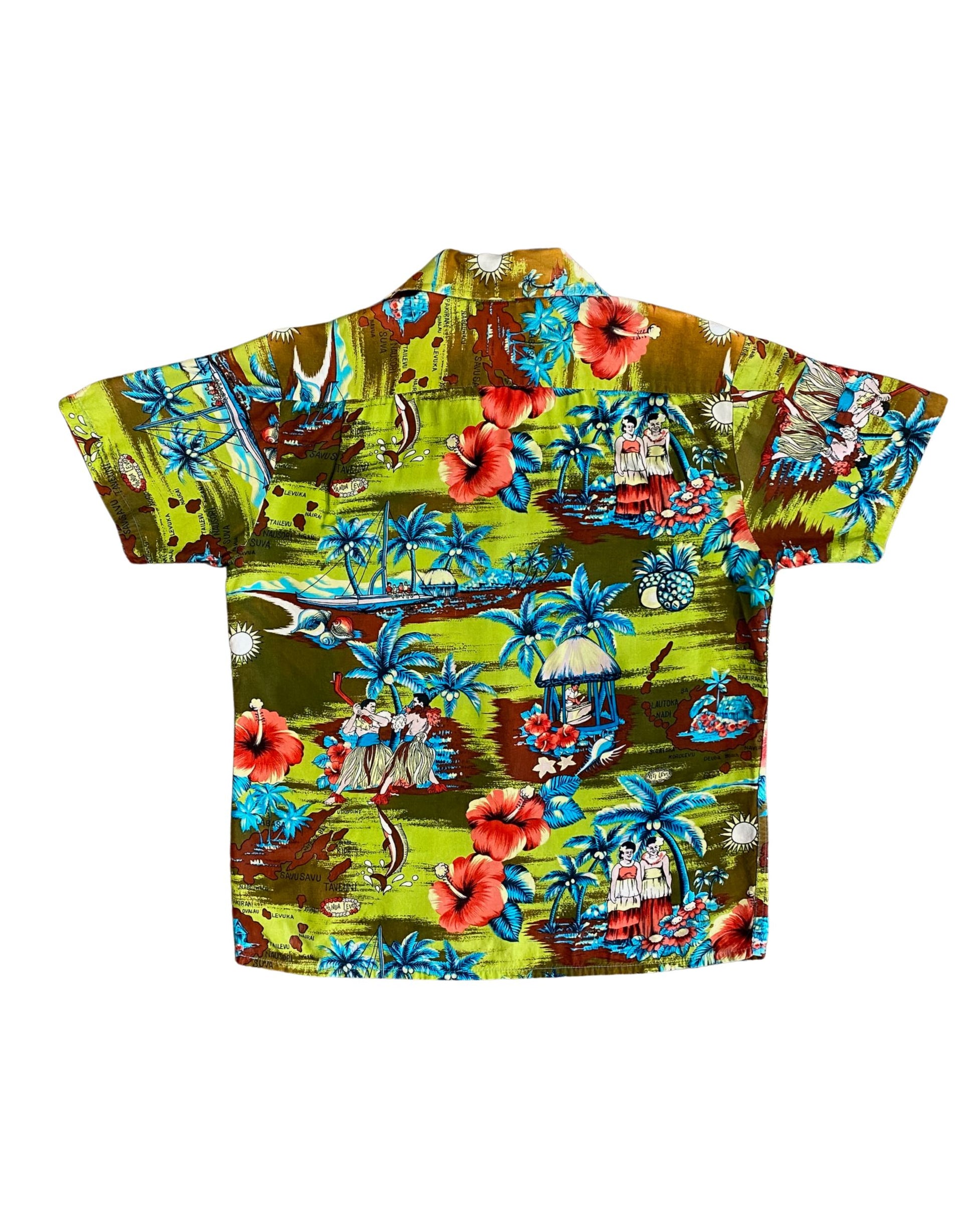 Vintage 1960s Hawaiian Holiday shirt in green, blue, and red rayon with island print - back view.