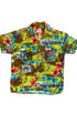 Vintage 1960s Hawaiian Holiday shirt in green, blue, and red rayon with island print. Front view.