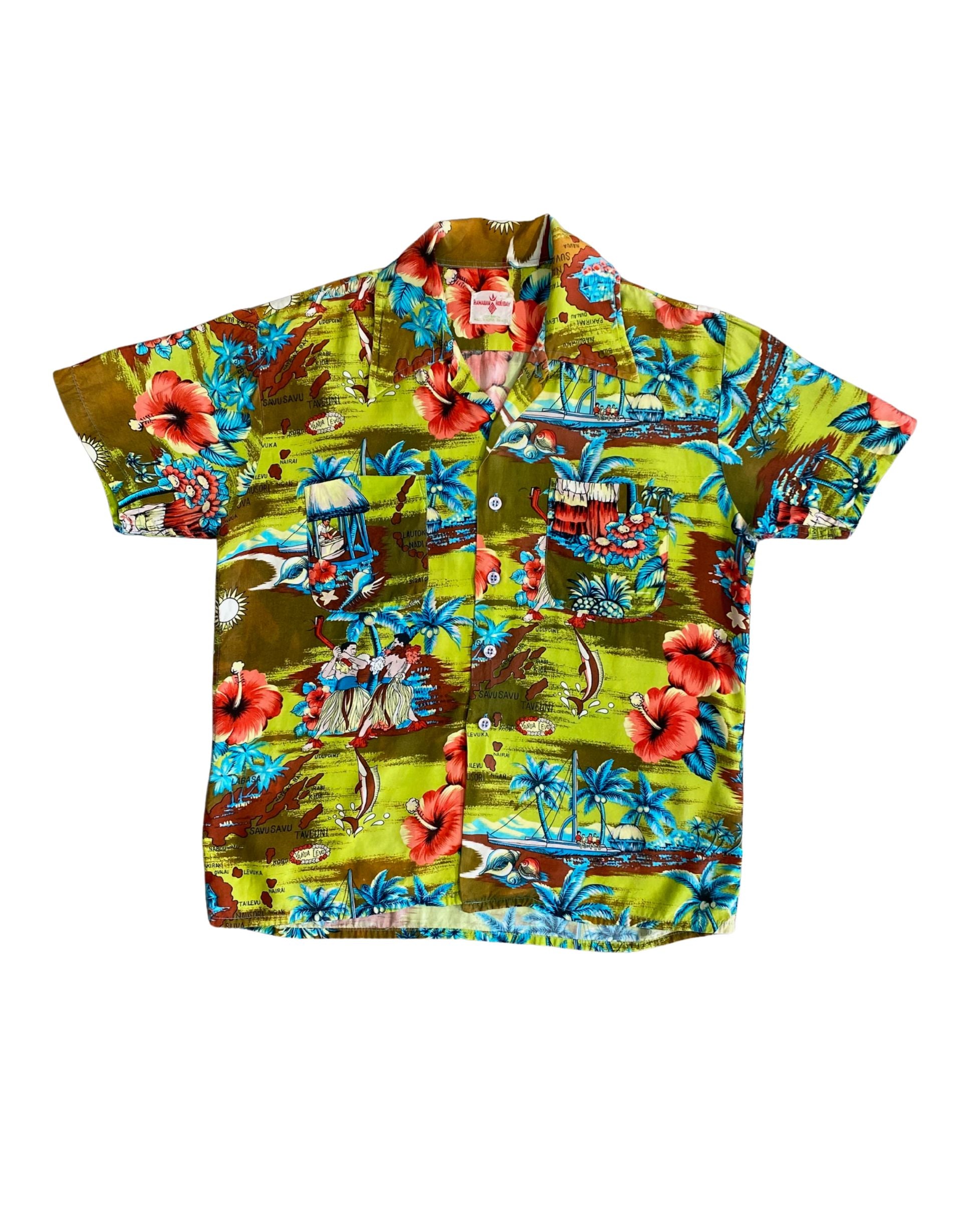Vintage 1960s Hawaiian Holiday shirt in green, blue, and red rayon with island print. Front view.