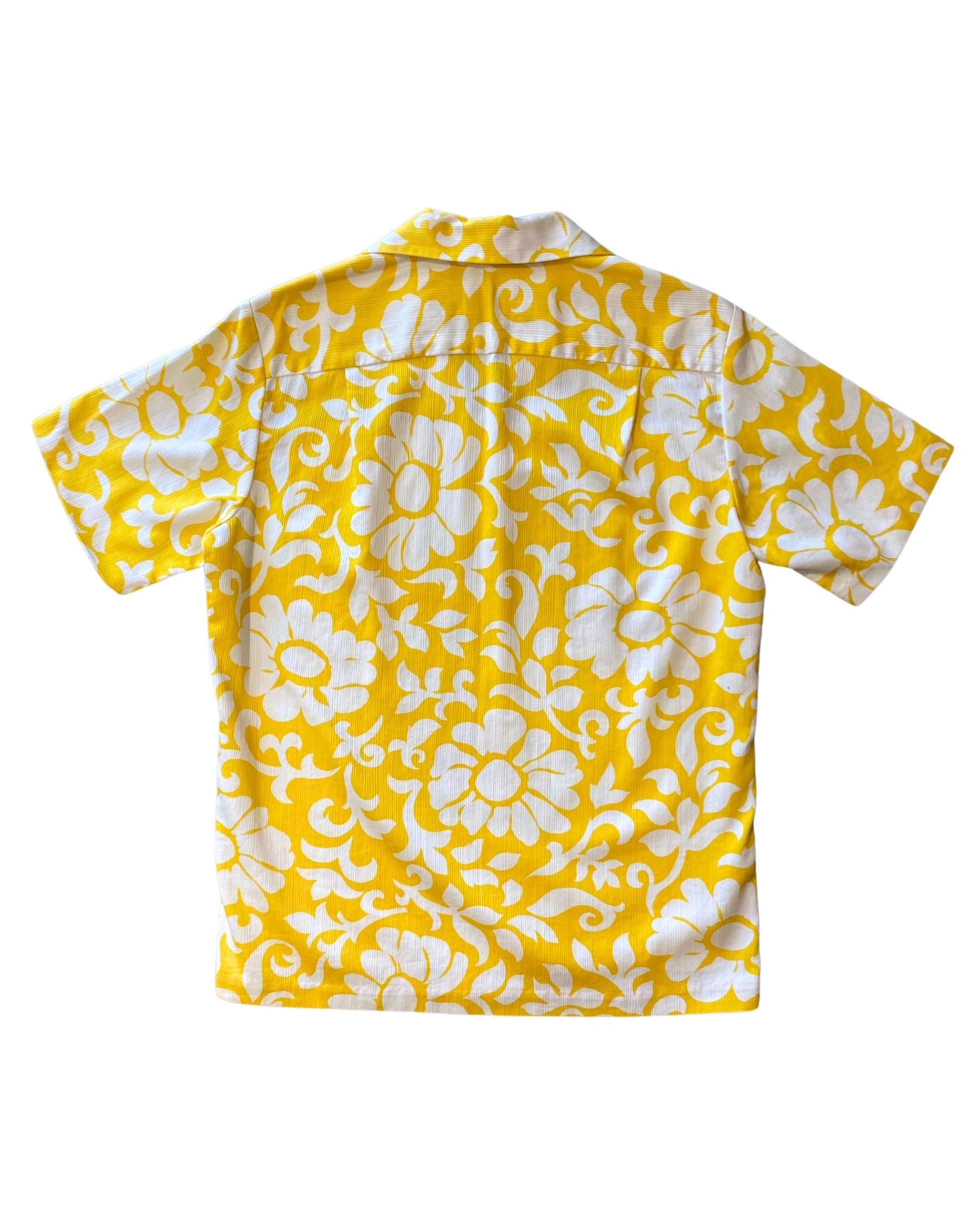 Hawaiian Print Short Sleeve Button Down Shirt Yellow + White Deadstock USA