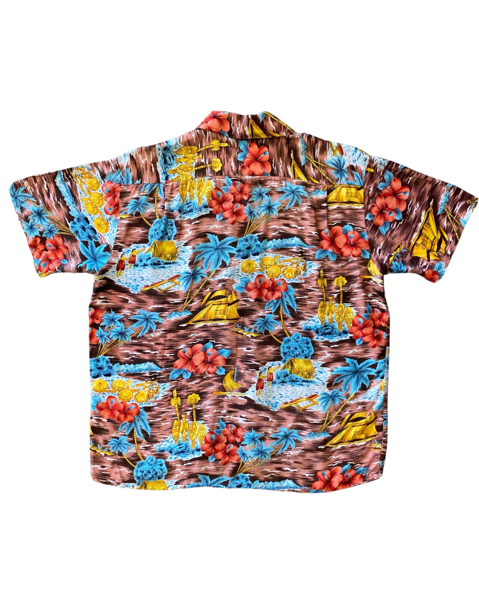 Vintage 1960s Hawaiian Holiday Shirt Boats, Tikis & Flowers – Size Large