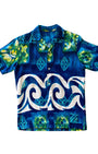 Hawaiian Shirt Blue Green w White  Wave Medium 1970s USA