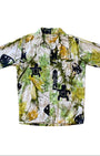 Hawaiian Shirt Green Bamboo Black Icons MEDIUM Cotton 1970s USA Front
