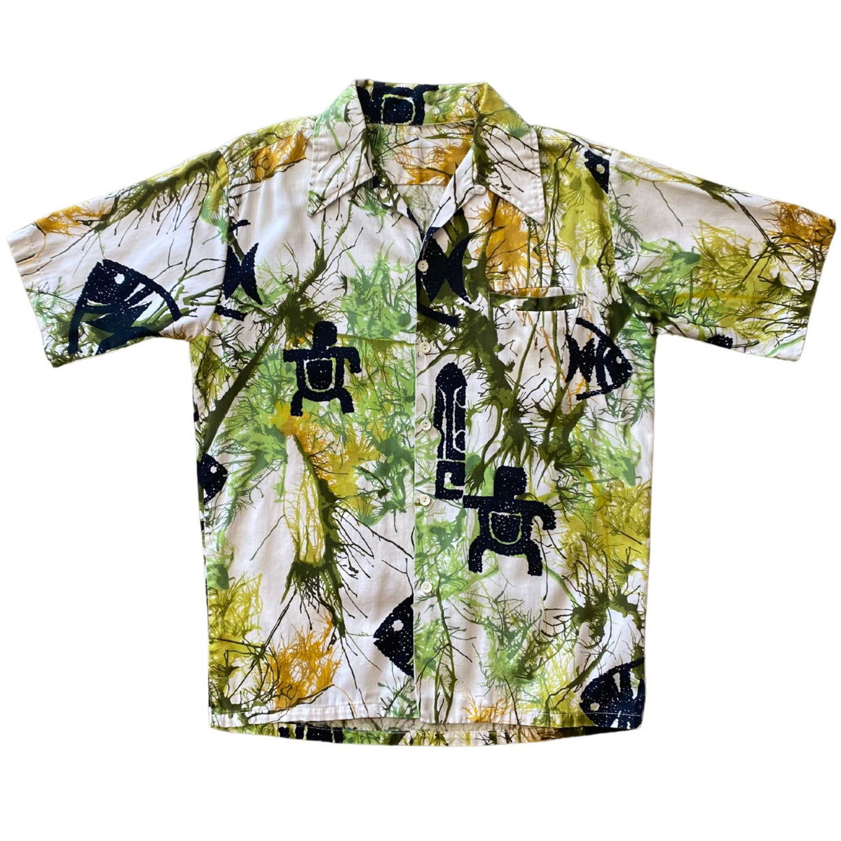 Hawaiian Shirt Green Bamboo Black Icons MEDIUM Cotton 1970s USA