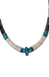 Close-up detail of Southwestern necklace with cream shell heishi, turquoise accents and sterling silver turquoise center drop pendant.
