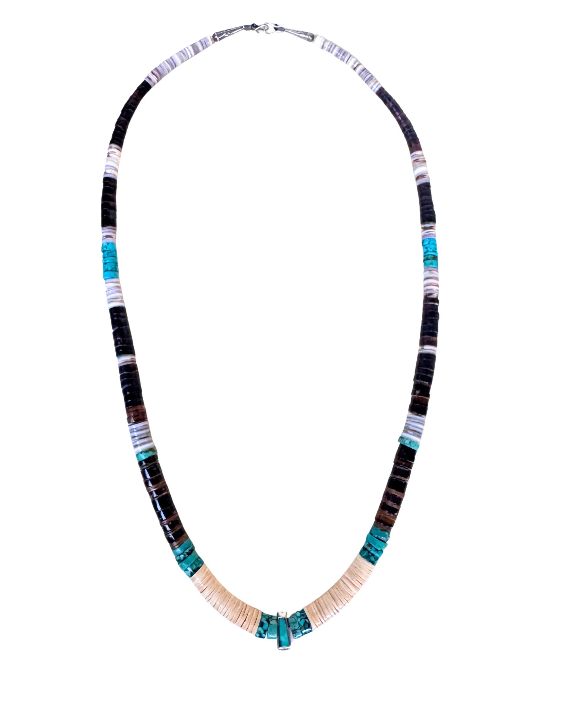 Southwestern necklace with cream shell heishi, turquoise accents and sterling silver turquoise center drop pendant.