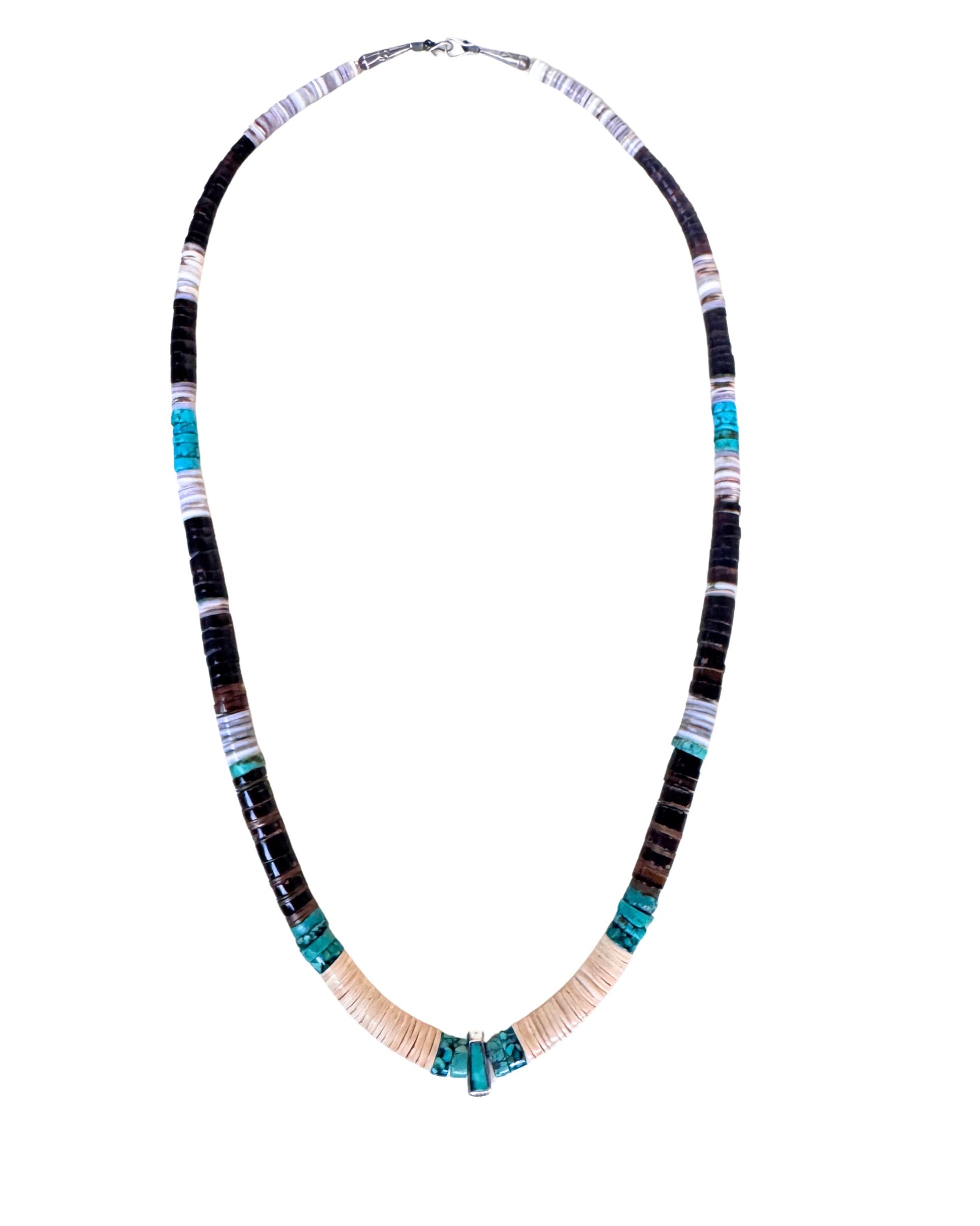 Southwestern necklace with cream shell heishi, turquoise accents and sterling silver turquoise center drop pendant.