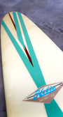 Hobie Surfboard 9'6 Redwood Stringer Neutral w Aqua Stripes Logo and Upper Portion of Deck