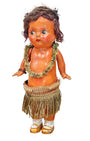 1920s mechanical hula girl doll with grass skirt, painted composition face, and wind-up movement.
