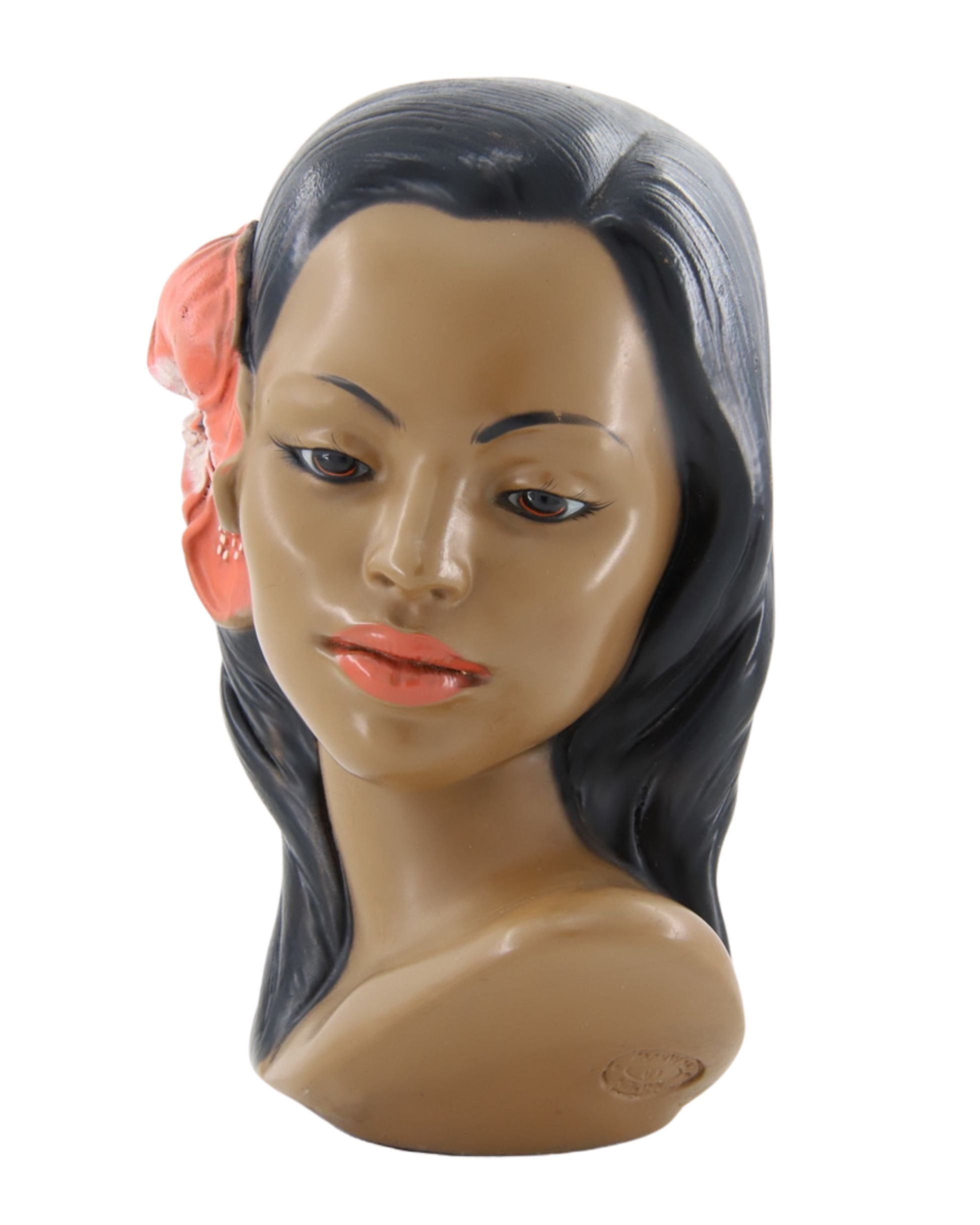 Original Vintage Marwal Hawaiian Hula Girl Head, Pink Hibiscus, Circa 1950s