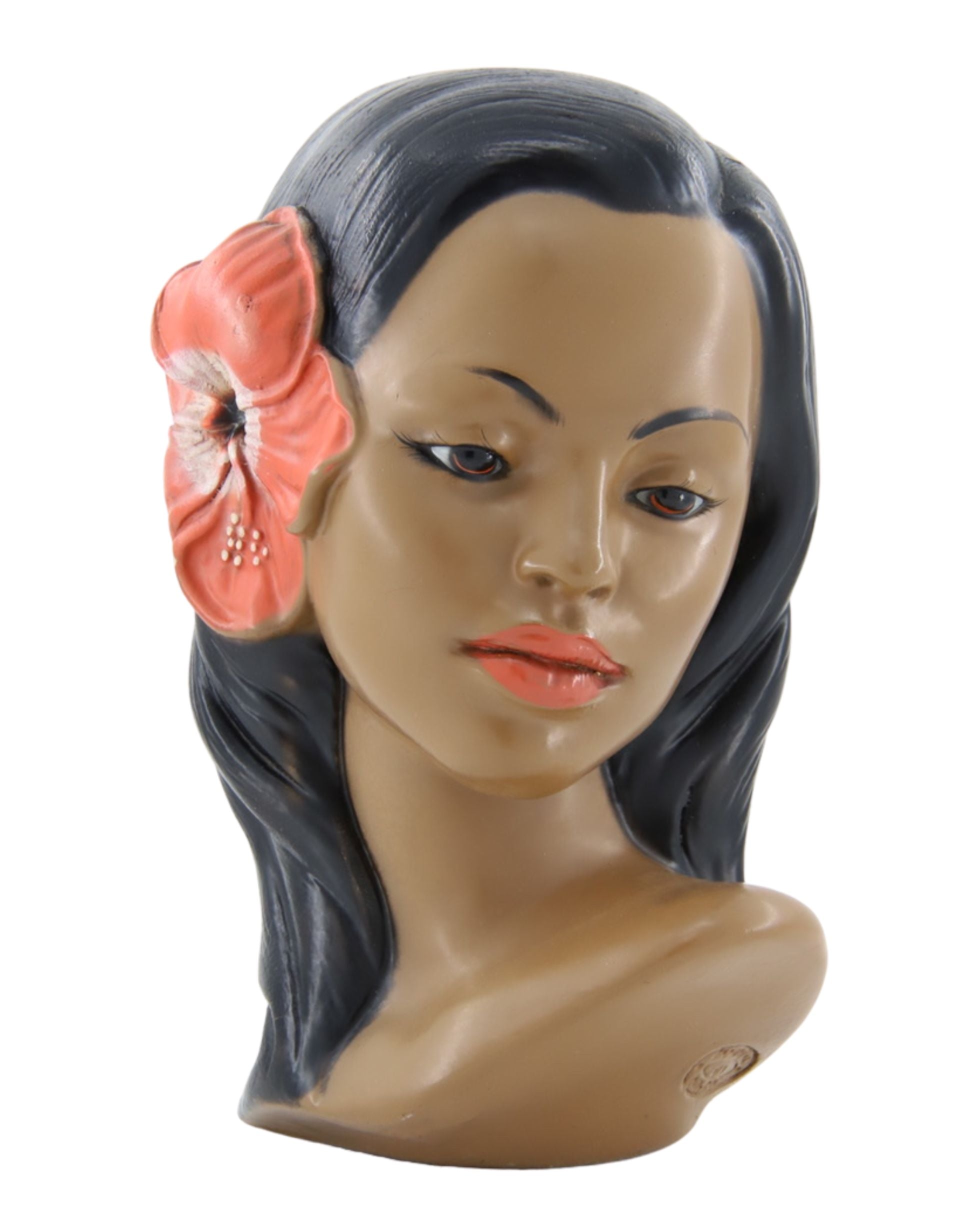 Original Vintage Marwal Hawaiian Hula Girl Head, Pink Hibiscus, Circa 1950s